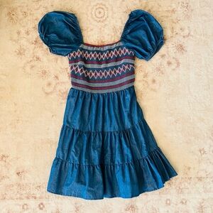 Denim Blue Puff-Sleeve Dress with Embroidered Bodice